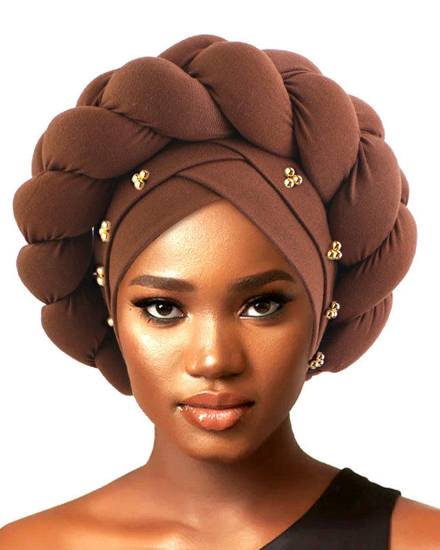 Golden Beaded 3D Oversized Twist Headscarf Beanie with Braid Accents