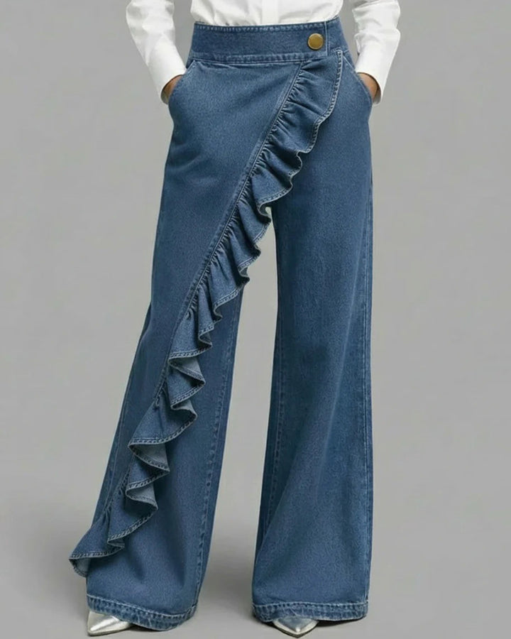 Lace Trim Vintage Denim Wide-Leg Jeans
