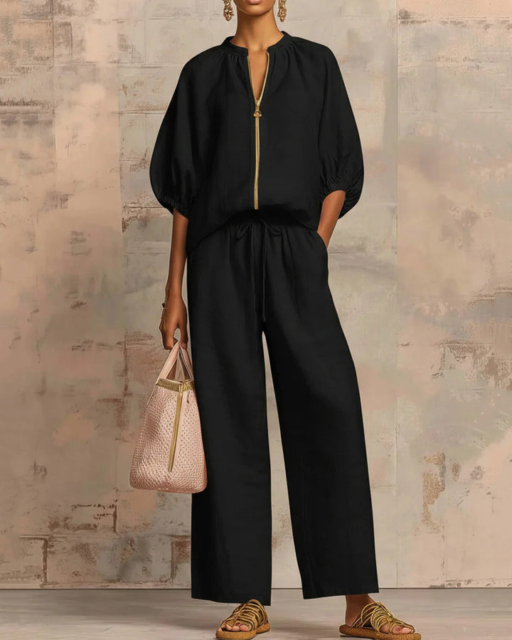Solid Color Cotton Linen Puff Sleeve Zip-up Top and Wide-leg Pants Two-piece Set