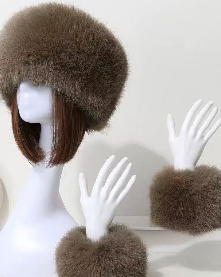 2pcs Set Solid Color Acrylic Fuzzy Beanie Hat And Cuffs