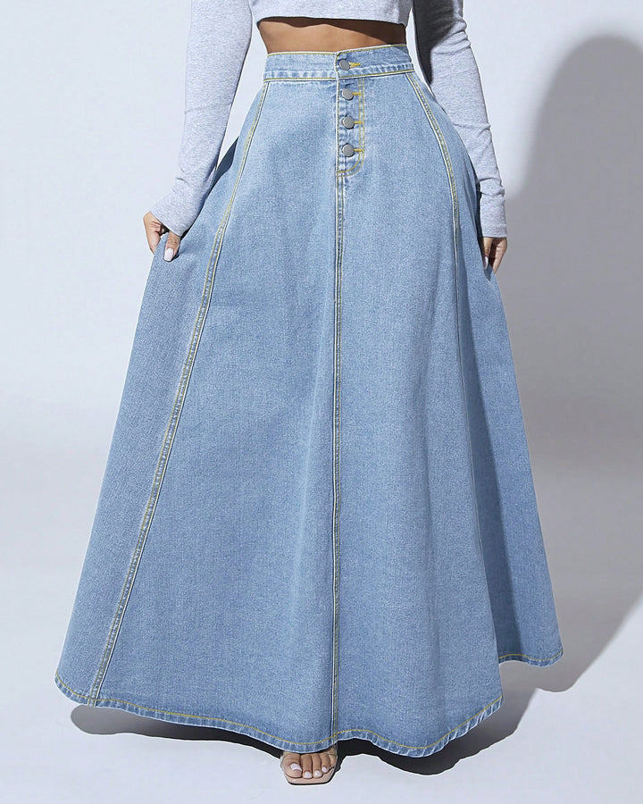 Retro High-waisted Single-breasted Washed Denim Skirt