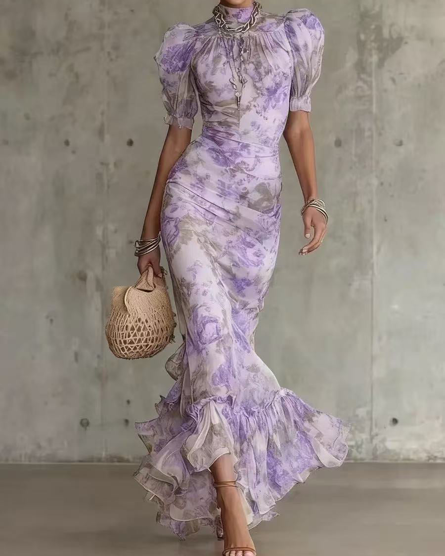 Puff Sleeve Floral Print Slim Fit Fashion Pleated Dress
