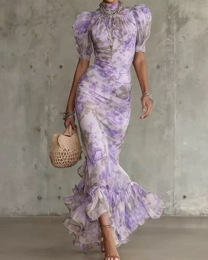 Puff Sleeve Floral Print Slim Fit Fashion Pleated Dress