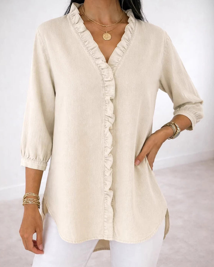 Faux Denim V-Neck Ruffle Trim Blouse