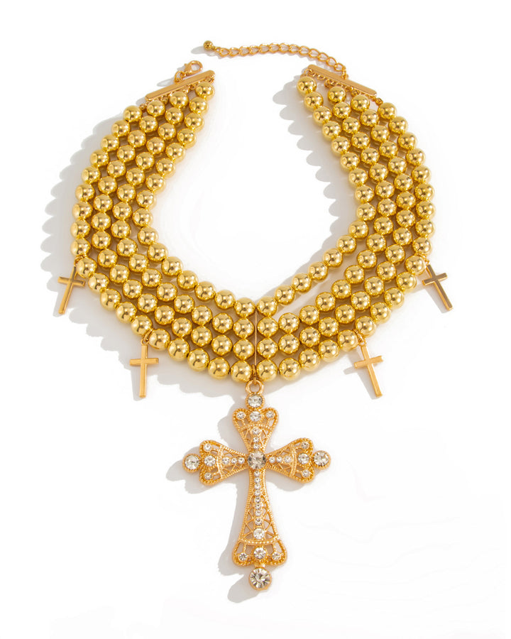 Light Luxury Style Diamond-Accented Cross Multi-Layered Beaded Necklace