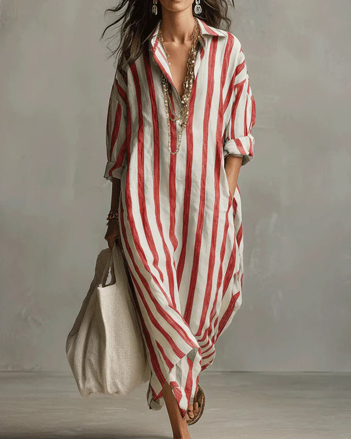 Loose V-neck Striped Summer 3/4 Sleeve Shirt Dress