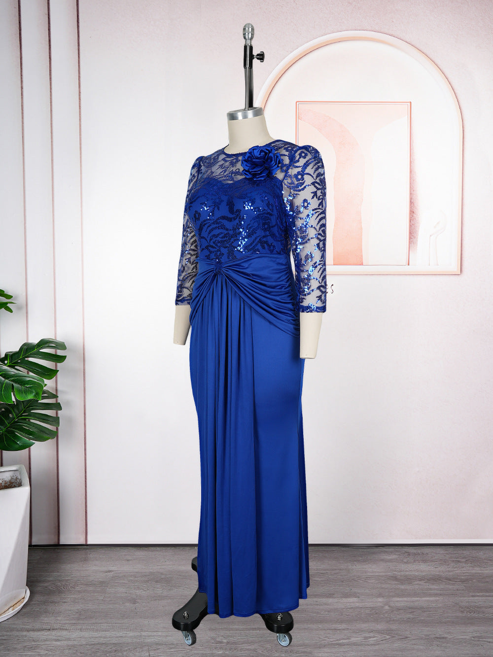 Plus Size Royal Rhinestone Lace Sheer 3/4 Sleeve Twisted Waist Mermaid Maxi Evening Gown