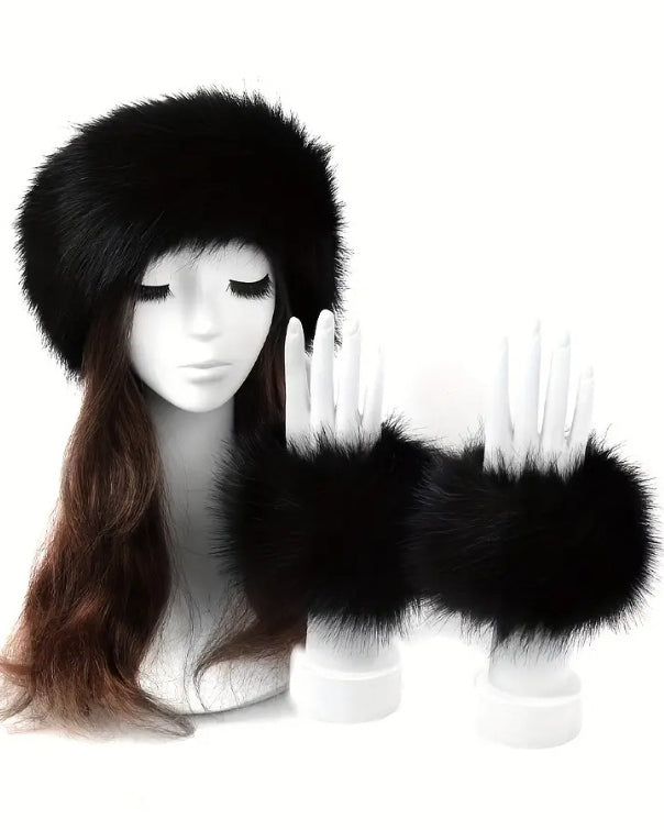 2pcs Set Solid Color Acrylic Fuzzy Beanie Hat And Cuffs