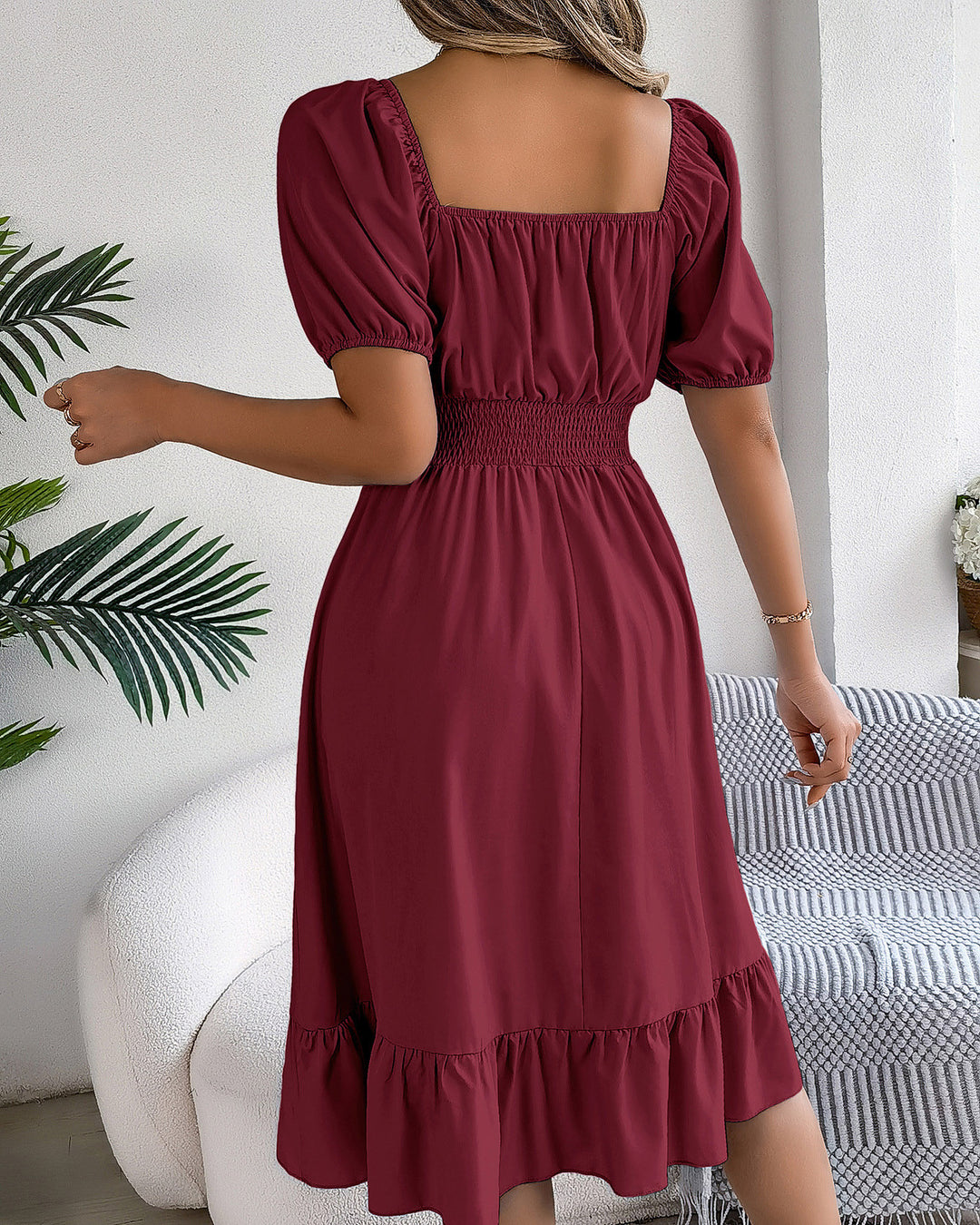 Square Neck Waist Ruffle A-Line Dress