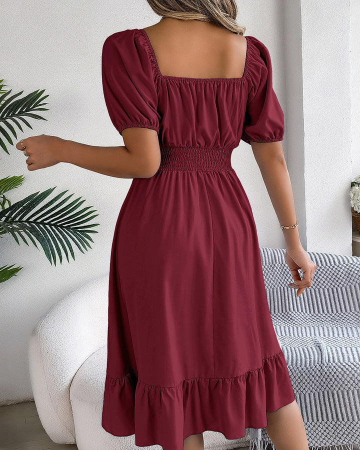 Square Neck Waist Ruffle A-Line Dress