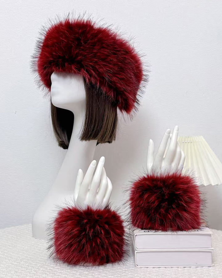 2pcs Set Solid Color Acrylic Fuzzy Beanie Hat And Cuffs