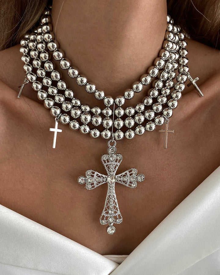 Light Luxury Style Diamond-Accented Cross Multi-Layered Beaded Necklace