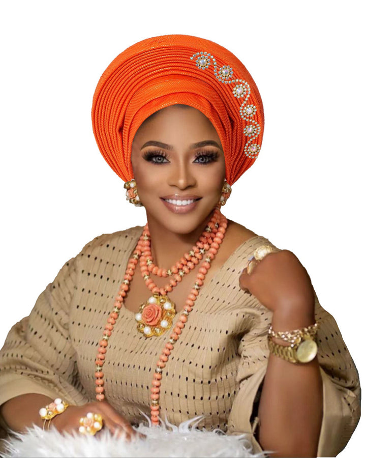 African Auto Gele Headtie Pre‑Tied Headwrap, Rhinestone Embellished Traditional Nigerian Turban Cap