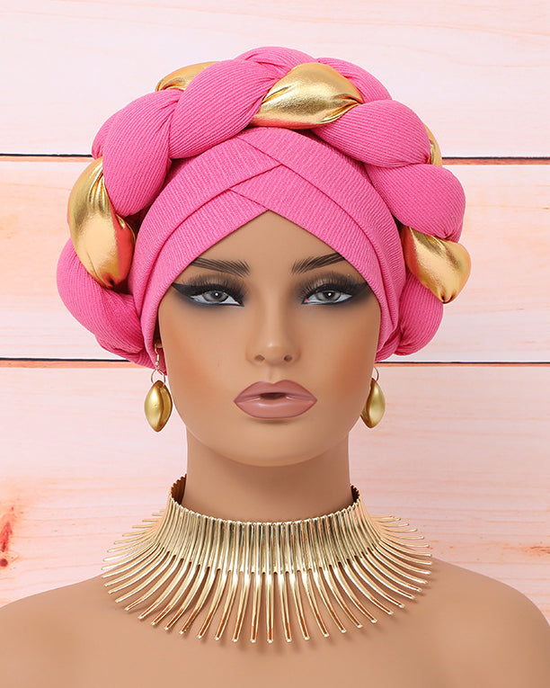 Elegant Pre-Tied Boho Turban Cap with Golden Accents