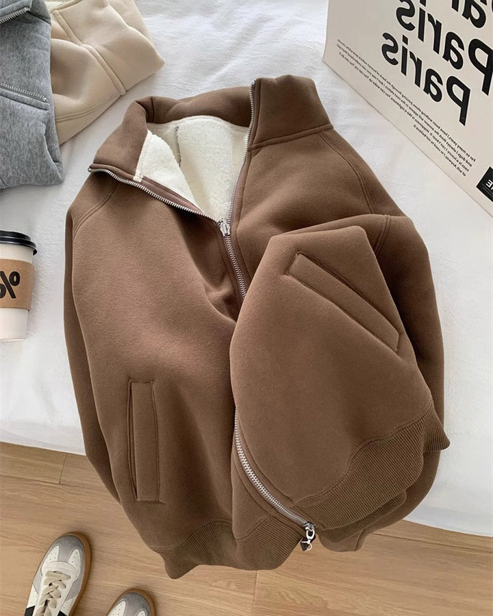 Thickened Lambskin Coat Casual Collar Zipper Cardigan