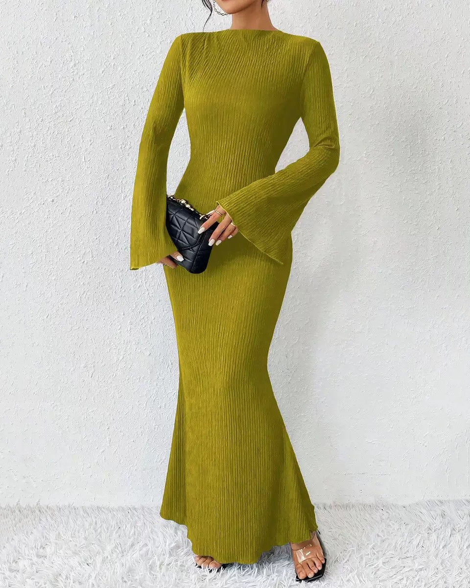 Autumn And Winter New Women's Fashion Round Neck Trumpet Long Sleeve Slim-fit Hip Dress