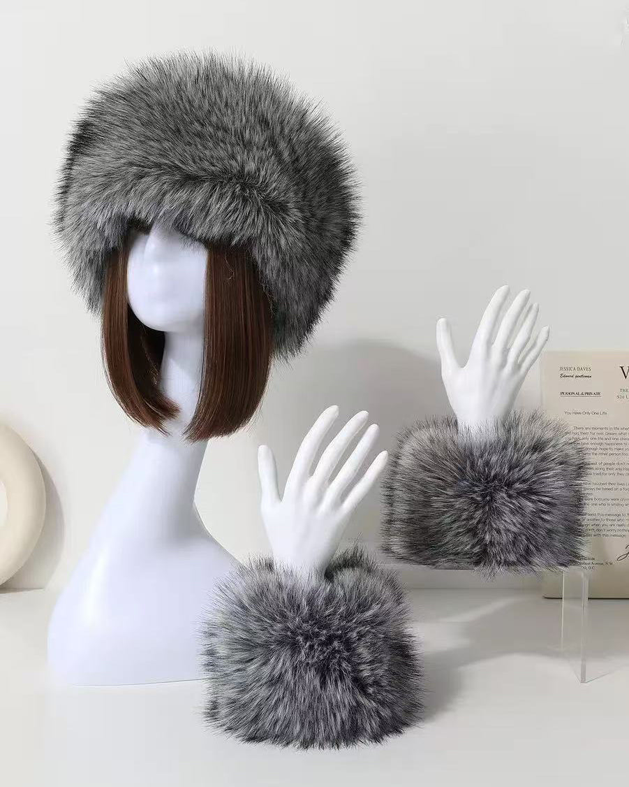 2pcs Set Solid Color Acrylic Fuzzy Beanie Hat And Cuffs