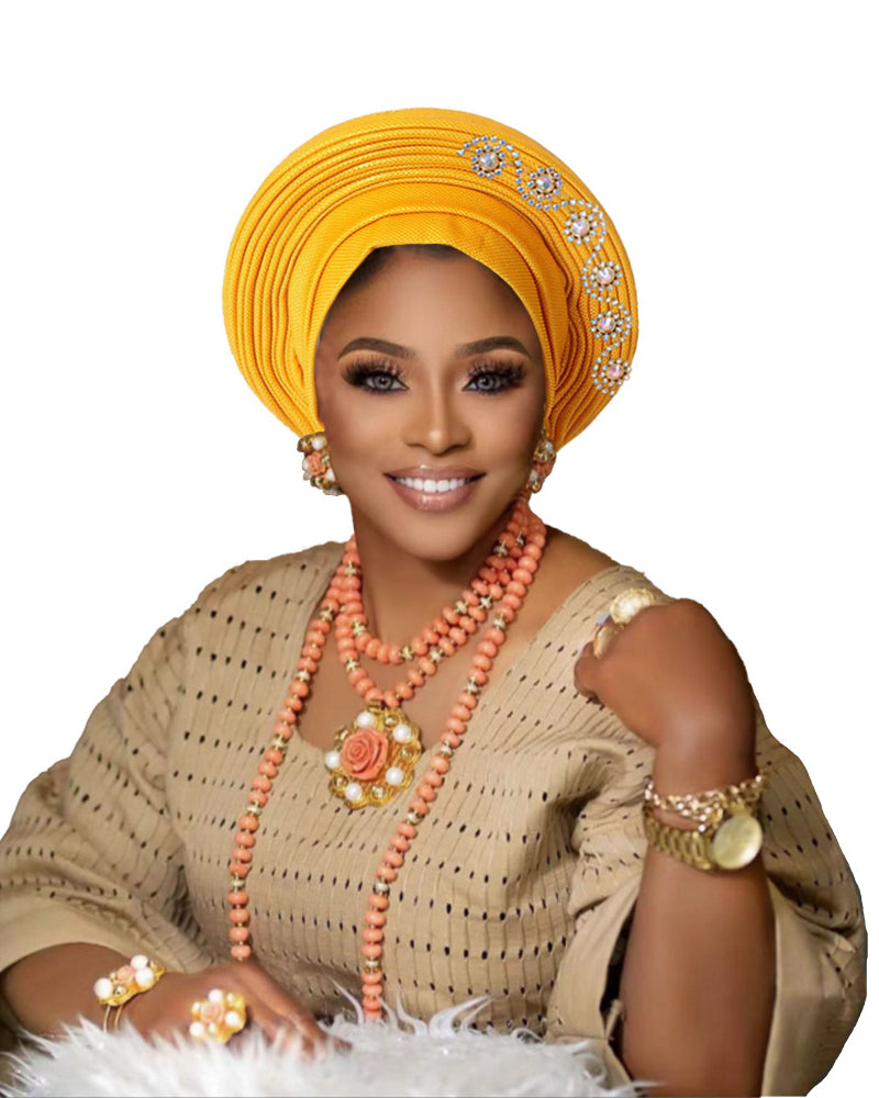 African Auto Gele Headtie Pre‑Tied Headwrap, Rhinestone Embellished Traditional Nigerian Turban Cap