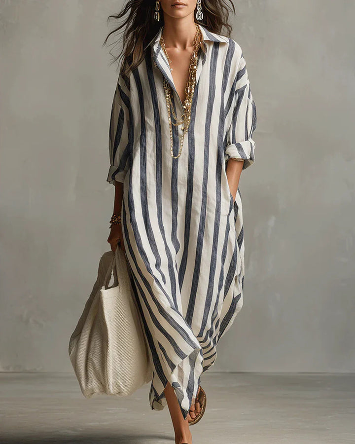 Loose V-neck Striped Summer 3/4 Sleeve Shirt Dress
