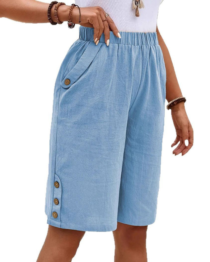 Cotton Linen Solid Color Pocketed Knee Length Shorts