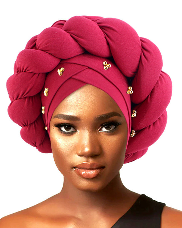 Golden Beaded 3D Oversized Twist Headscarf Beanie with Braid Accents