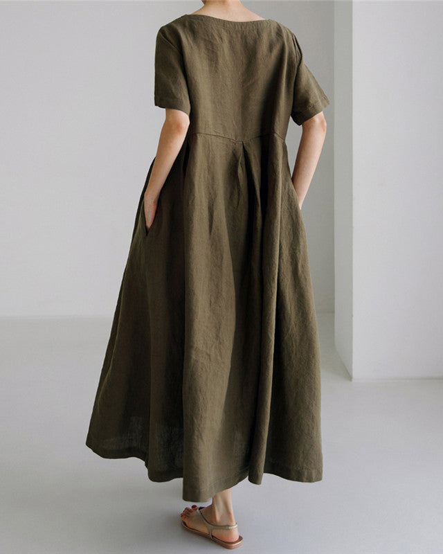 Round Neck Loose Cotton and Linen Casual Long Dress