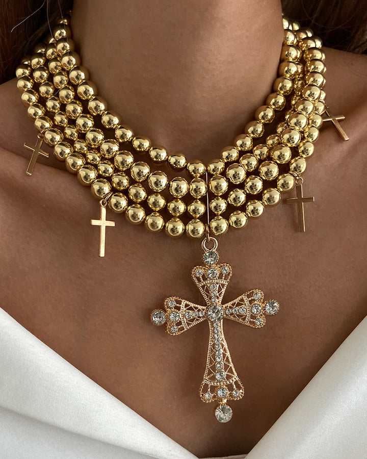 Light Luxury Style Diamond-Accented Cross Multi-Layered Beaded Necklace