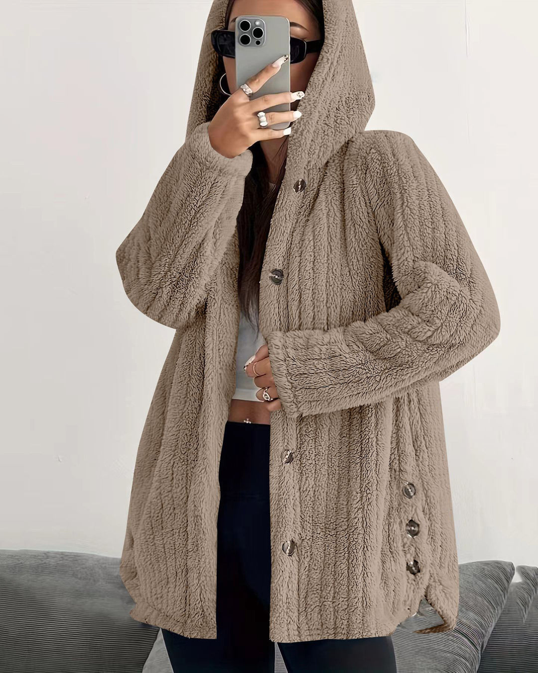Solid Color Long Sleeve Hooded Loose Plush Jacket