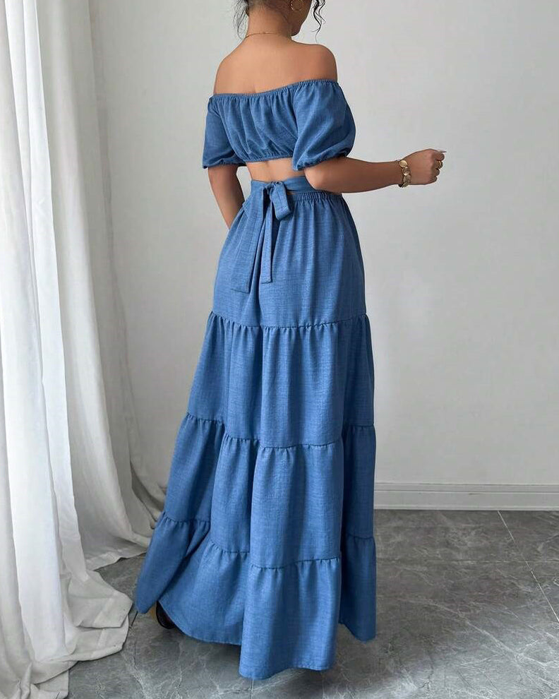 Off-shoulder Ruffled Back Tie Flared Denim Dress