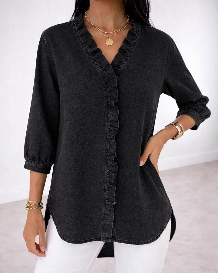 Faux Denim V-Neck Ruffle Trim Blouse