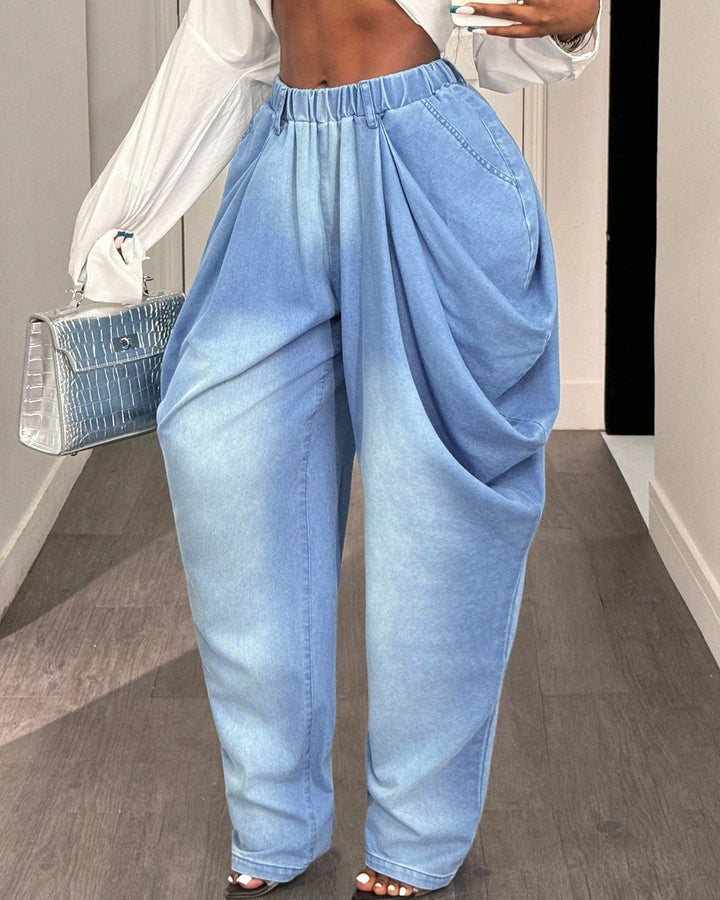 Chic Elastic Waist Ruched Washed Denim Casual Pants
