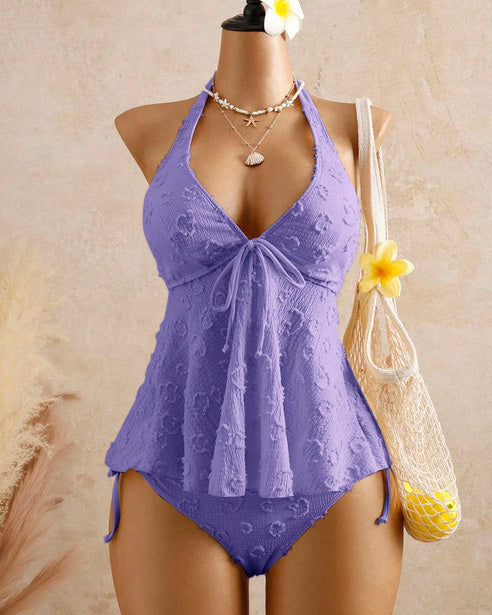 Lace Halter Neck Tie Ruffle Two-piece Swimsuit