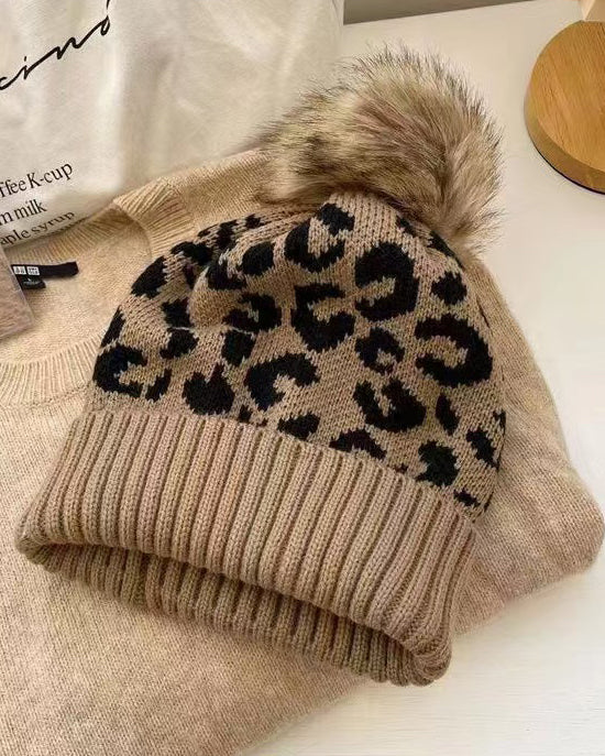 Casual Leopard Patchwork Fuzzy Thick Knitted Beanie Hat