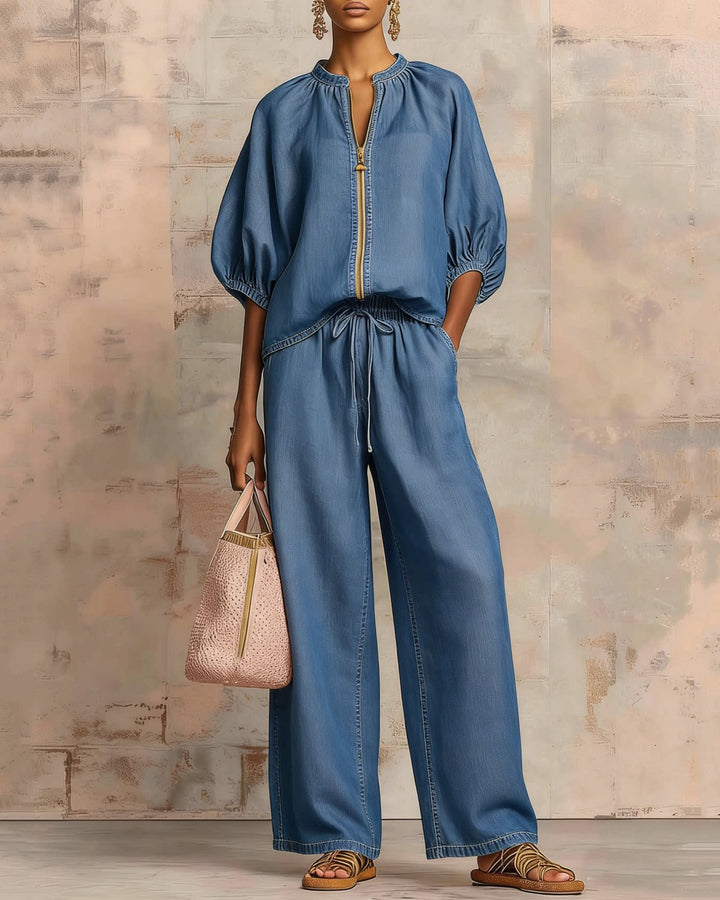 Solid Color Cotton Linen Puff Sleeve Zip-up Top and Wide-leg Pants Two-piece Set