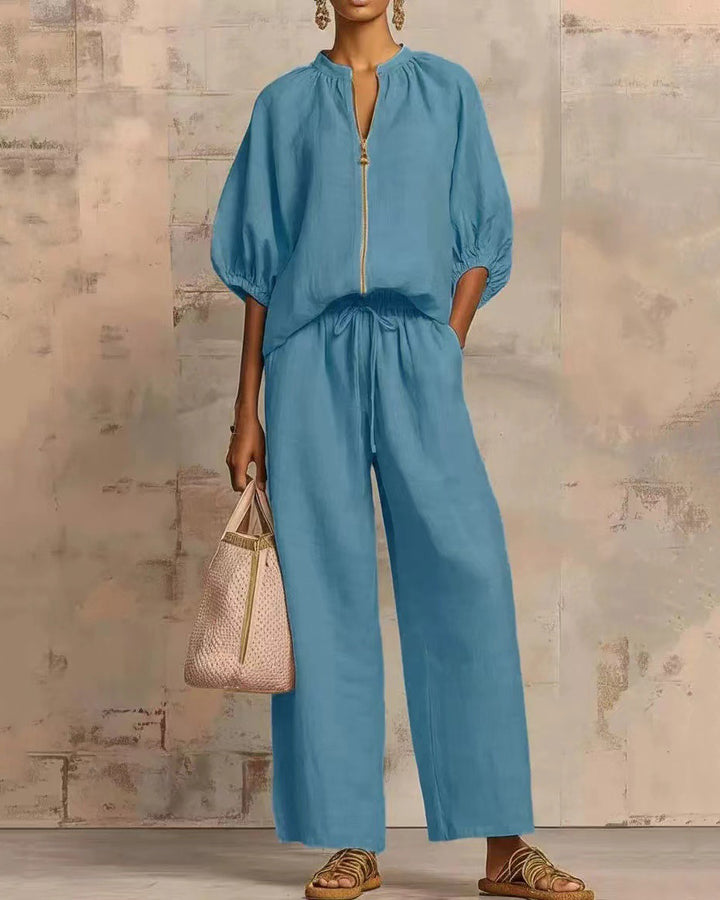 Solid Color Cotton Linen Puff Sleeve Zip-up Top and Wide-leg Pants Two-piece Set