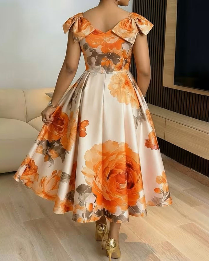 Sleeveless Floral Dress with Shoulder Bows