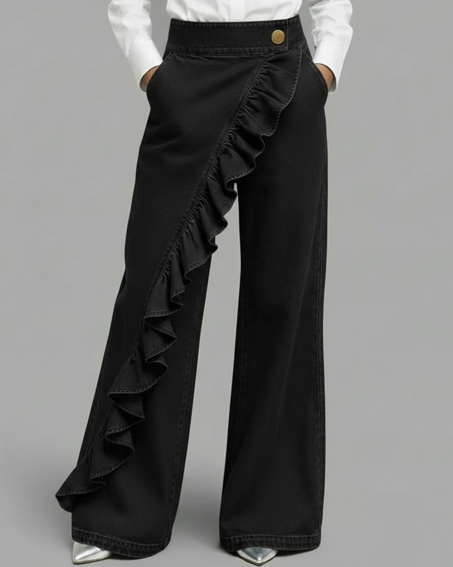 Lace Trim Vintage Denim Wide-Leg Jeans