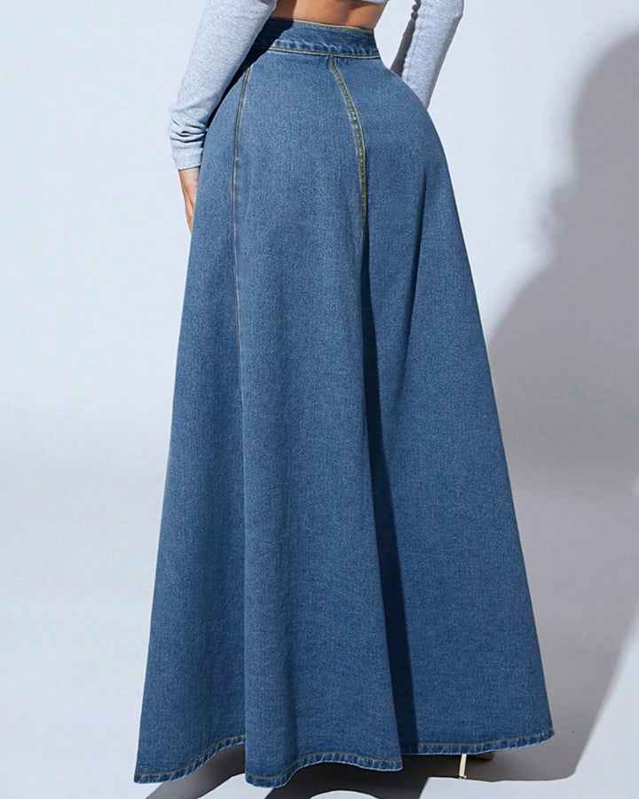 Retro High-waisted Single-breasted Washed Denim Skirt