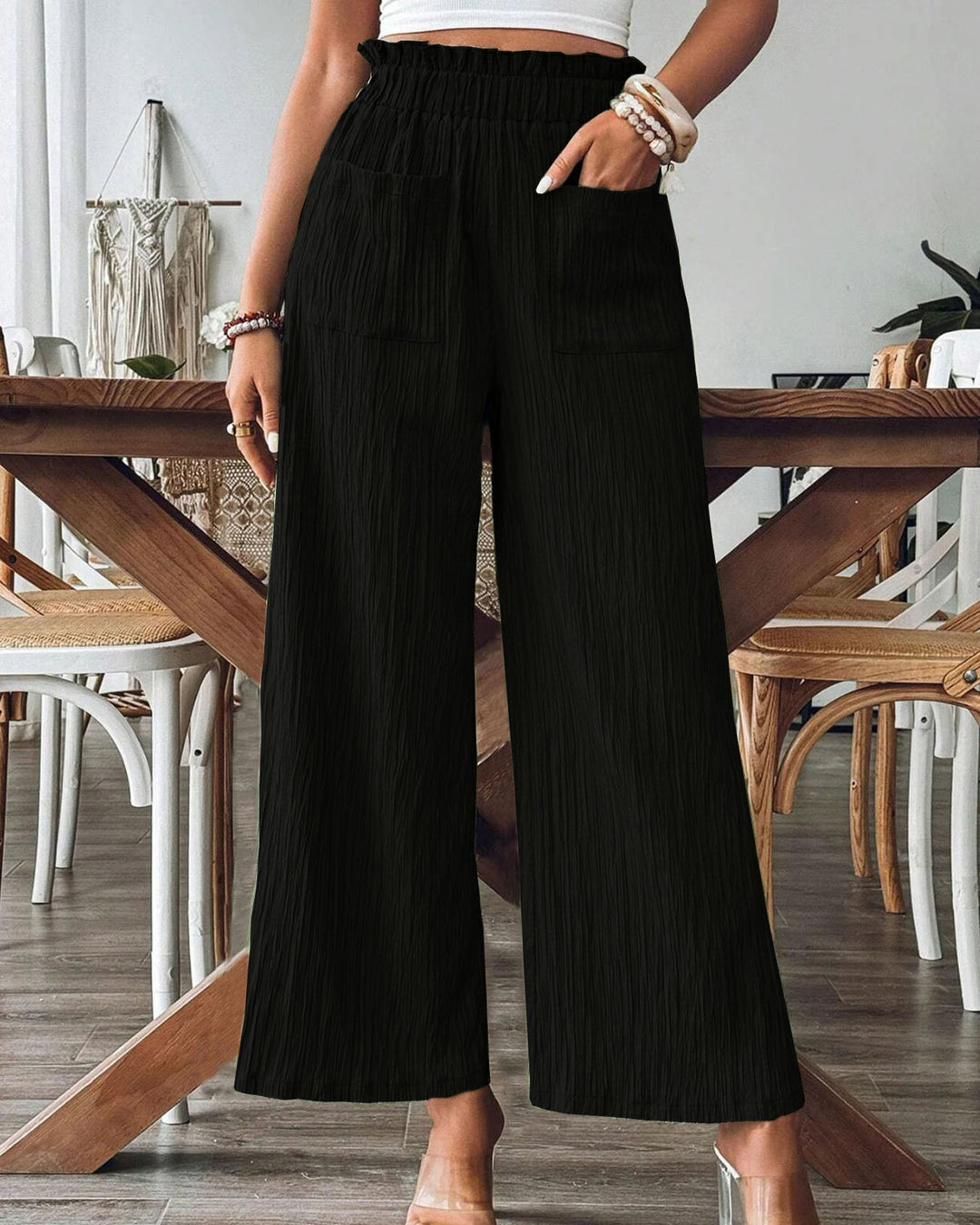 Solid Color Cotton Linen High Waist Wide Leg Pants