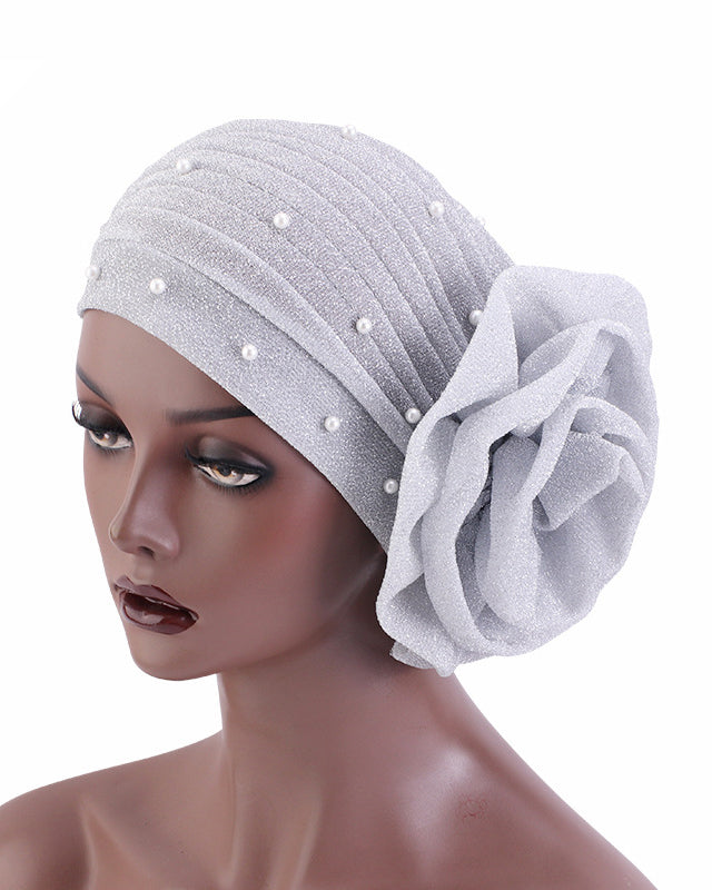 Pearl Pre Tied Flower Turban Hat Stylish Shimmering