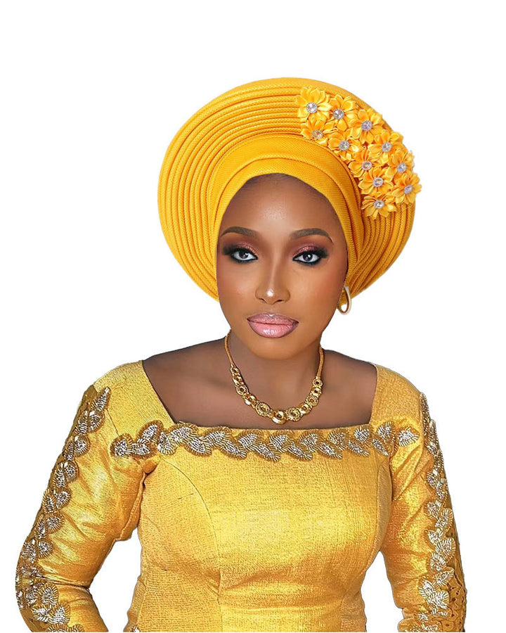 Adhesive Floral Appliqué Heavy-duty Craftsmanship Lurex Thread Layered Tie-strap Turban Hat