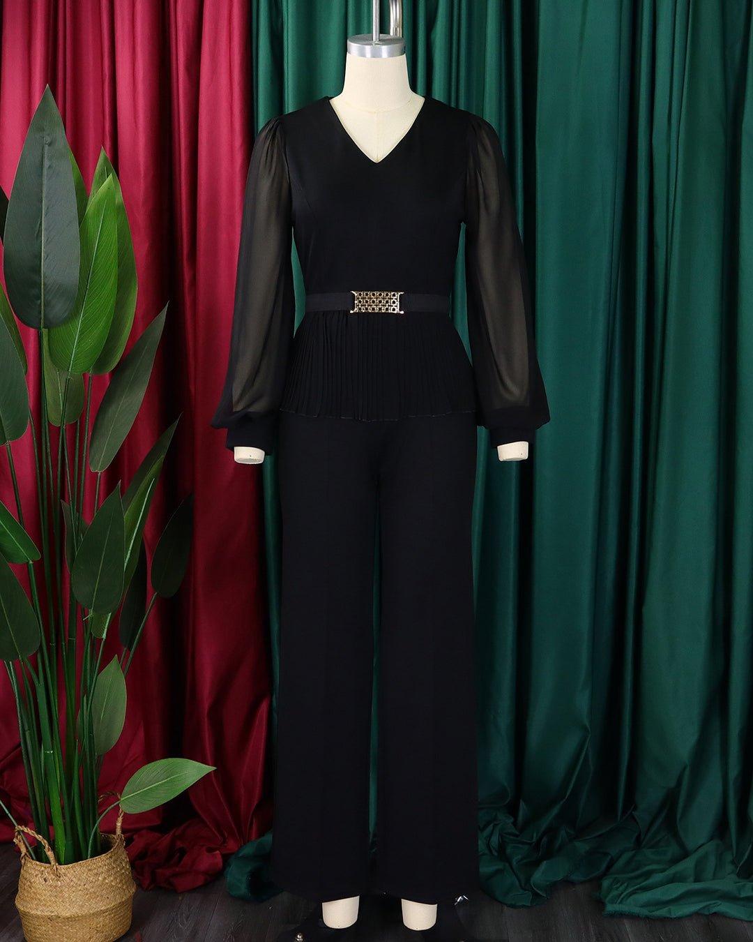 V-neck Long-sleeved Pleated Top and Wide-leg Pants Set