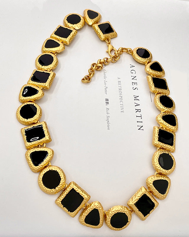 Geometric Color-Block Minimalist Black & Gold Jewelry Set (Necklace + Earrings + Bracelet)