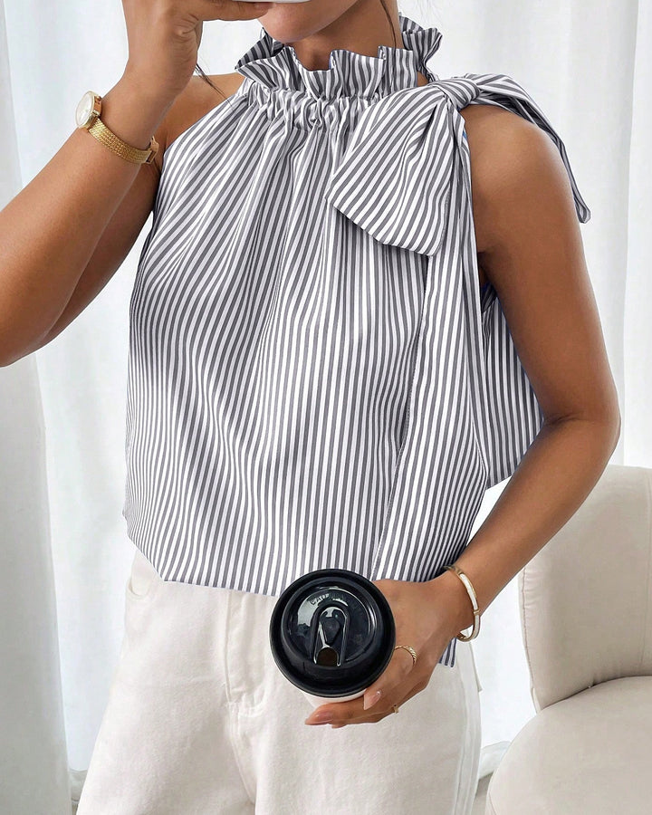 Casual Sleeveless Striped Lace High Neck Tee Top