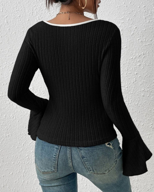 Square Collar Slim-fit Top Women's Pit Striped Contrast Horn Long-sleeved T-shirt