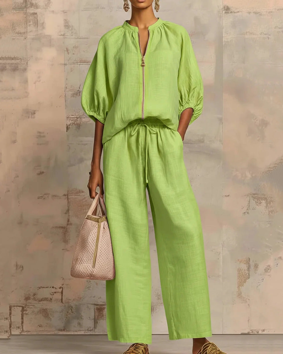 Solid Color Cotton Linen Puff Sleeve Zip-up Top and Wide-leg Pants Two-piece Set