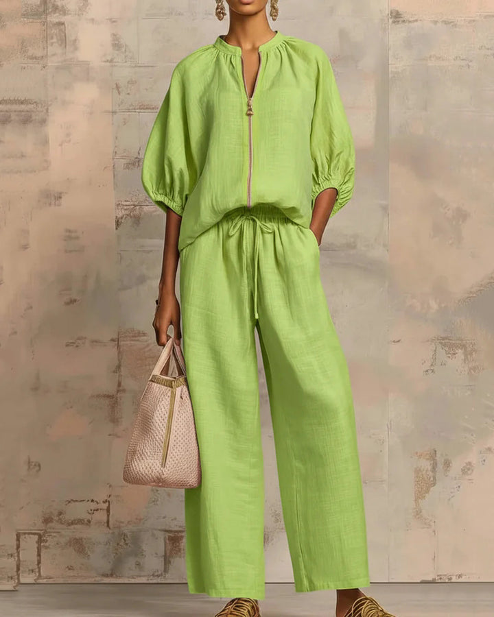 Solid Color Cotton Linen Puff Sleeve Zip-up Top and Wide-leg Pants Two-piece Set