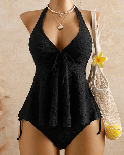 Lace Halter Neck Tie Ruffle Two-piece Swimsuit