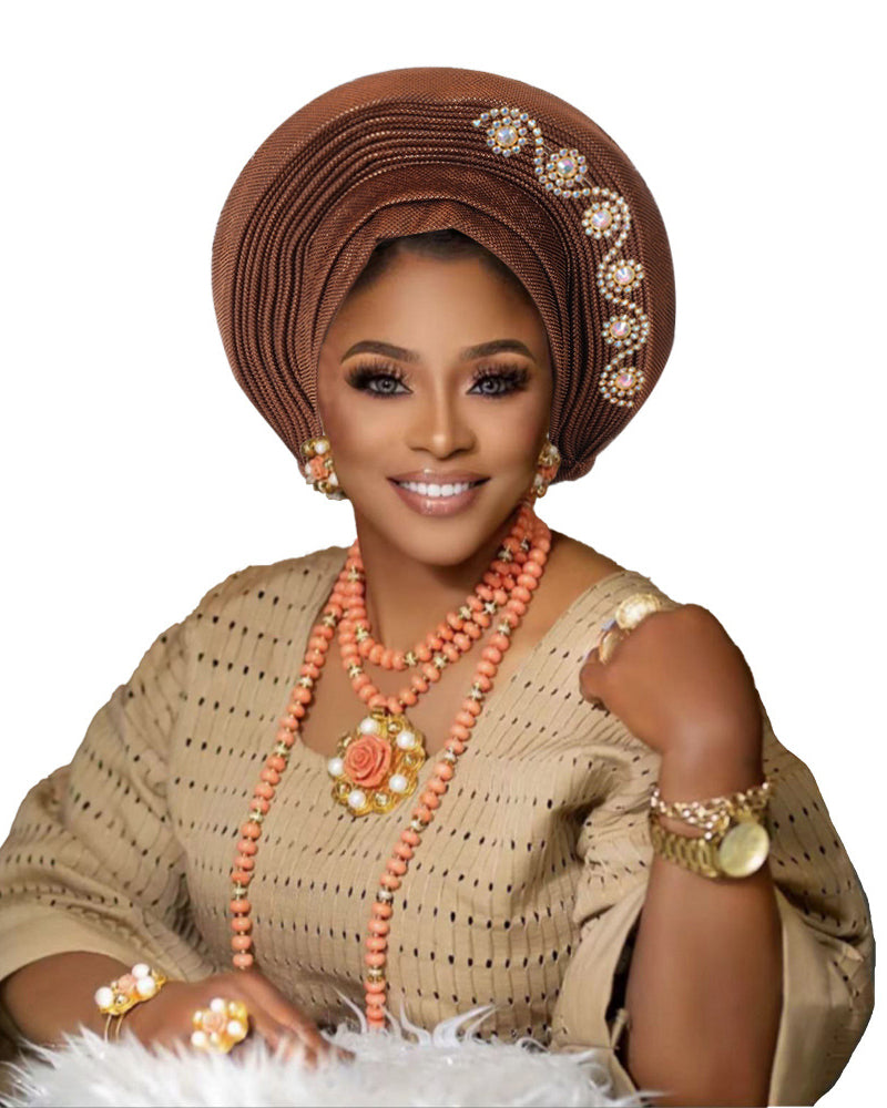 African Auto Gele Headtie Pre‑Tied Headwrap, Rhinestone Embellished Traditional Nigerian Turban Cap