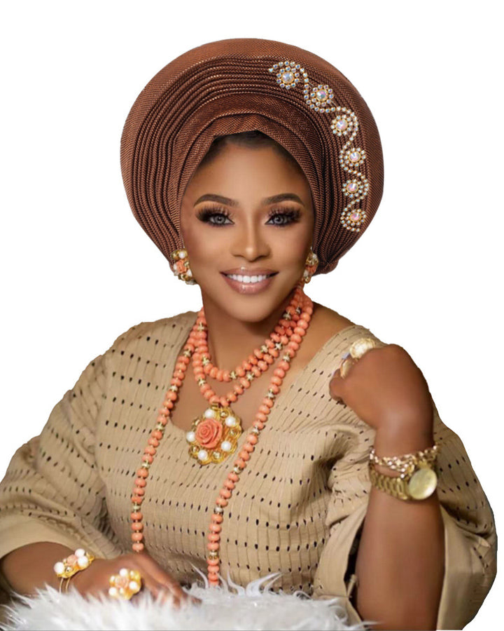 African Auto Gele Headtie Pre‑Tied Headwrap, Rhinestone Embellished Traditional Nigerian Turban Cap